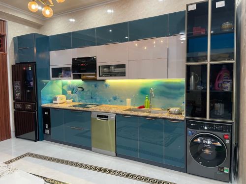 Tủ bếp thùng inox 304 - Cánh kính xanh dương phối trắng tại Ninh Bình CK003