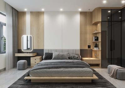 Phòng ngủ chính cho nhà phố hiện đại đơn giản và tiện nghi