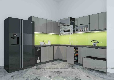Mẫu tủ bếp inox 304 cánh kính màu xám ghi tại Ninh Bình 